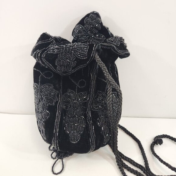 Vintage Black Beaded Pouch Handbag with Tassel - Picture 1 of 11